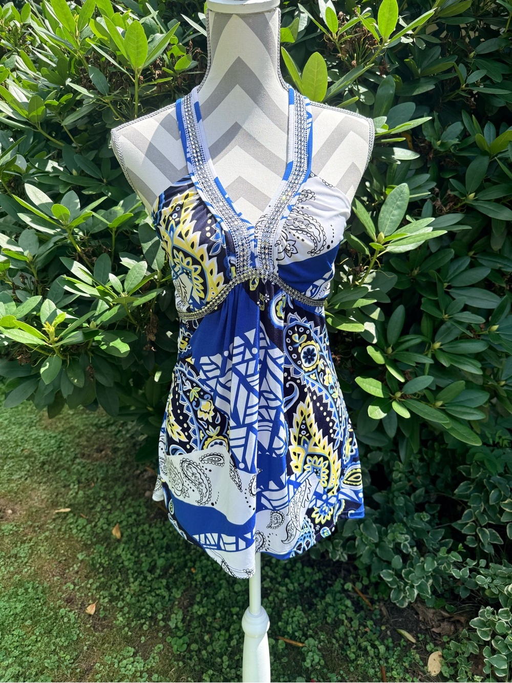 Blue & Yellow Paisley Halter Tunic Vintage Size M